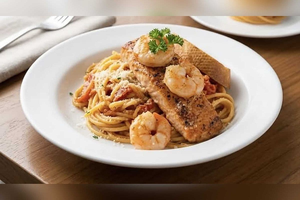 Salmon and shrimp linguine