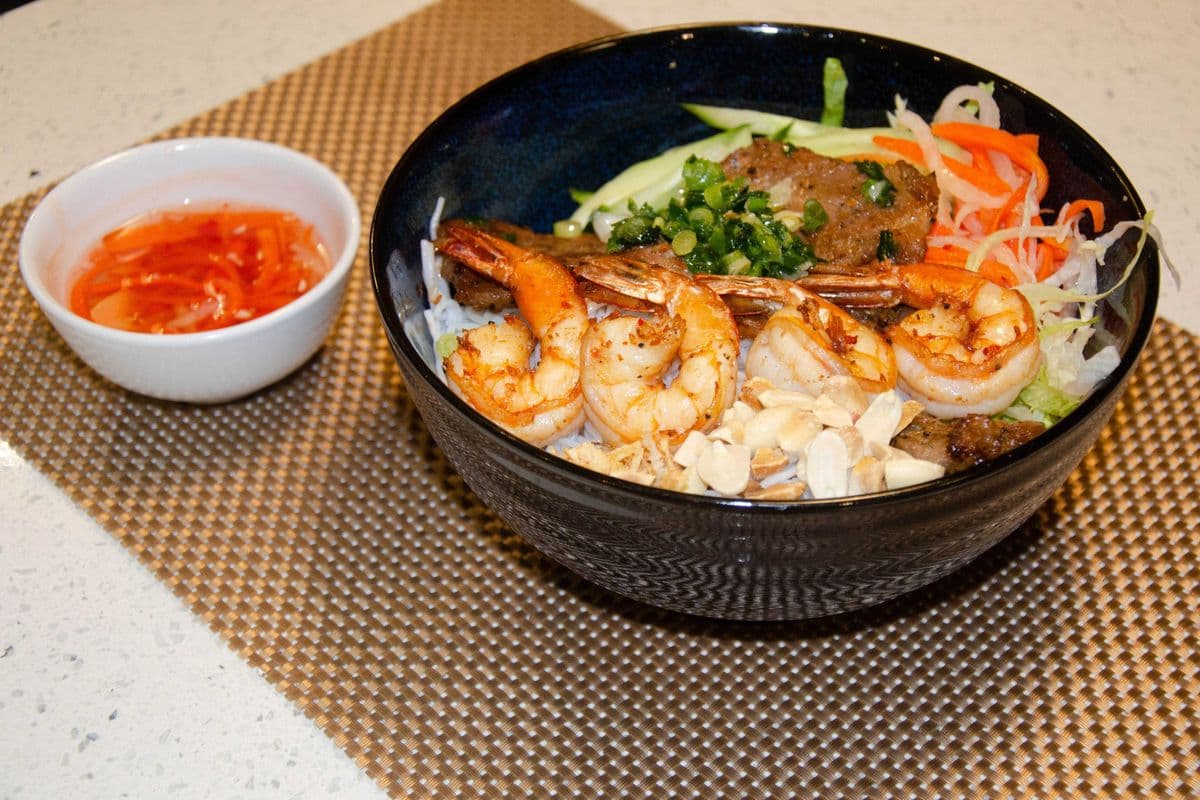 40. Grilled Lemongrass Pork, Prawns and Spring Roll