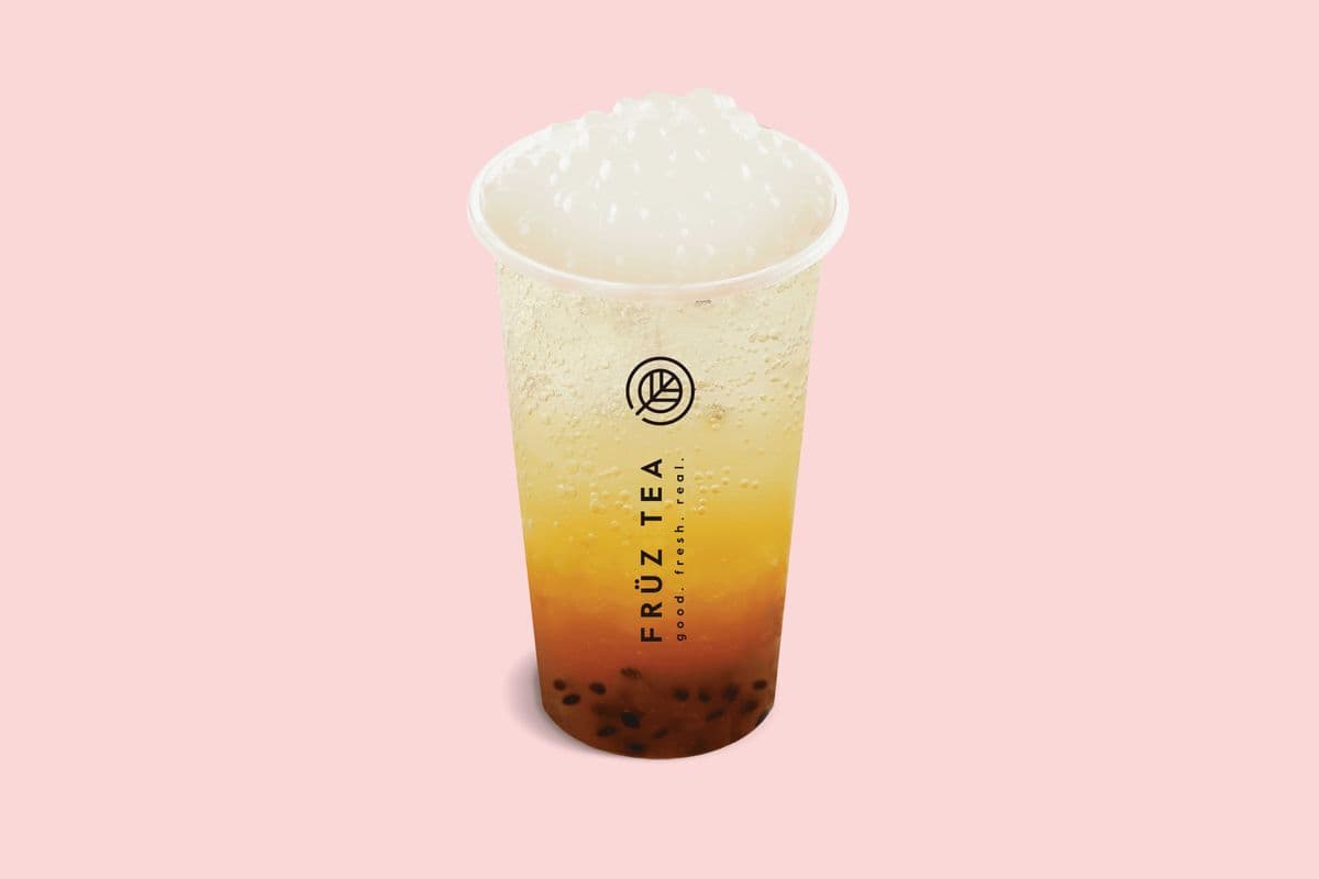 Passionfruit Soda with Lychee Popping Boba (290 Cals)