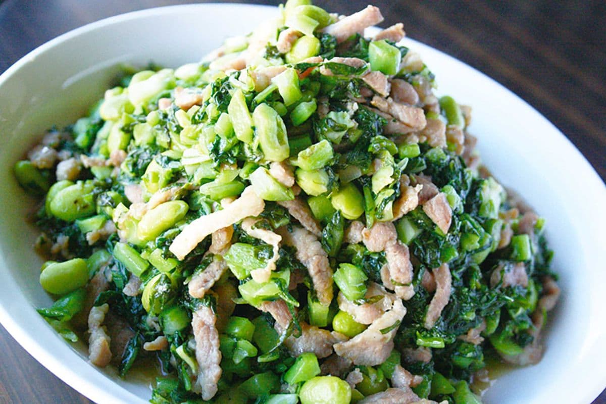 Stir Fried Salted Vegetables with Pork and Green Beans 雪菜肉絲炒毛豆