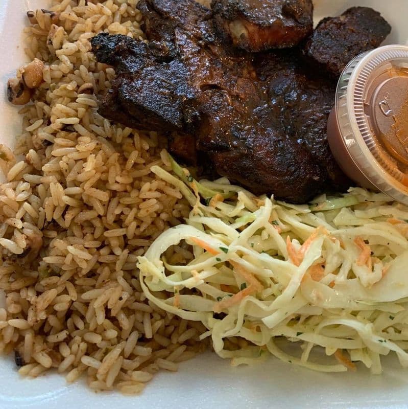 Jerk Pork with Coleslaw, Rice, & Peas
