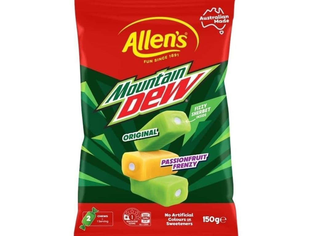 Allens Mountain Dew Fizzy Sherbert Chews Australian Chewy Candies 150g Candy