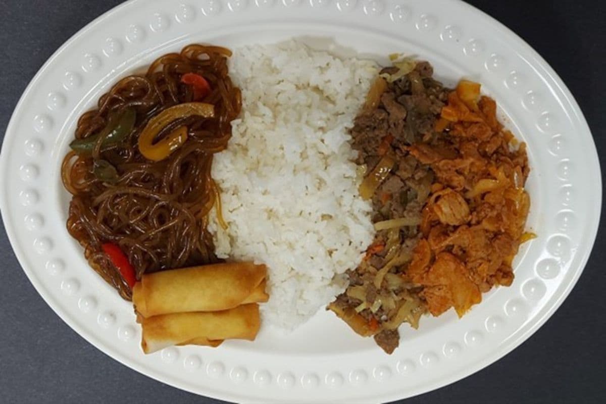Beef Bulgogi with Rice and Japchae ( 2pc Spring Rolls on Top)