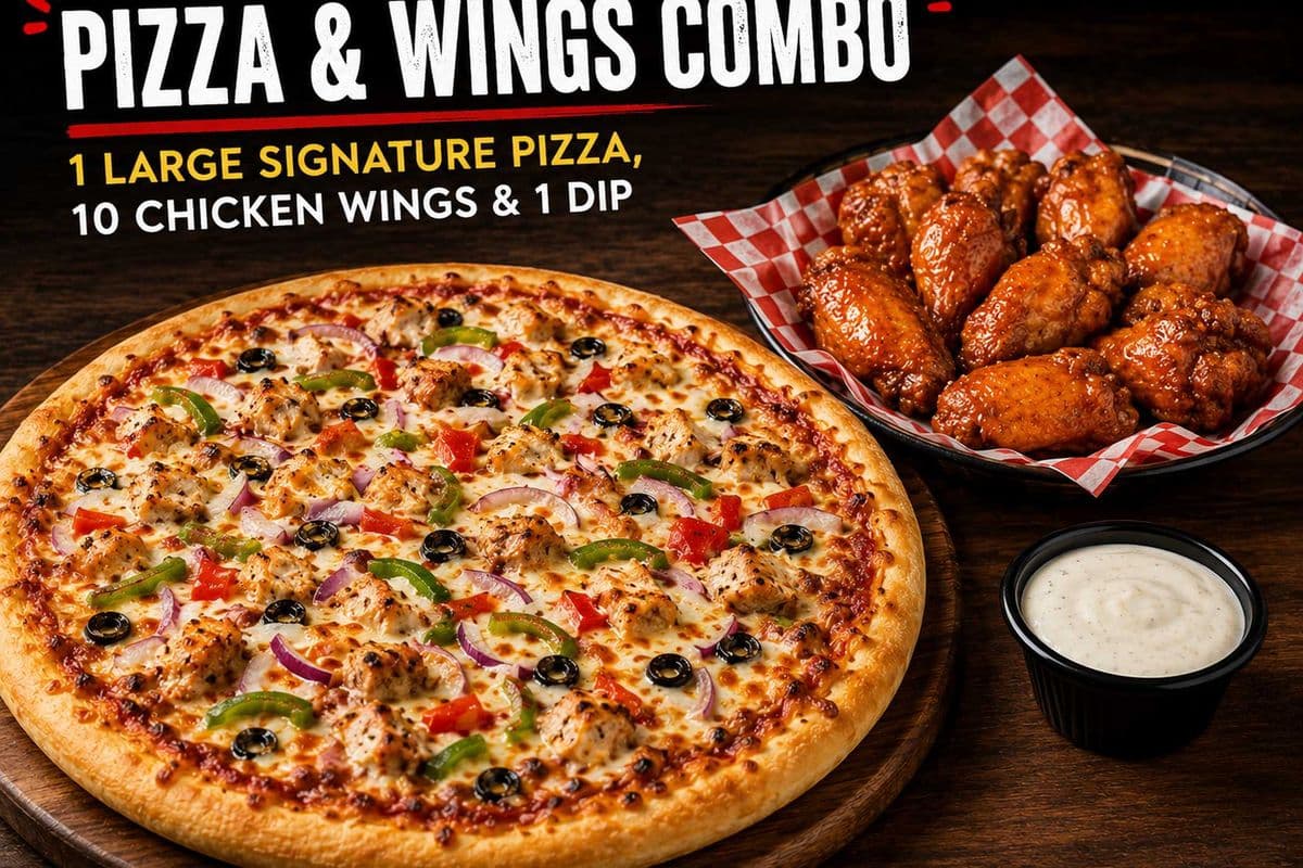 LARGE 14" SIGNATURE PIZZA & 10 WINGS COMBO & 1 DIP