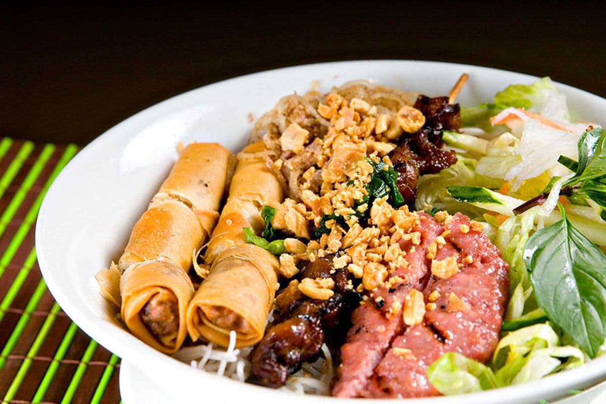 45. Grilled Pork Skewer, Spring Roll and Shredded Pork with Noodles