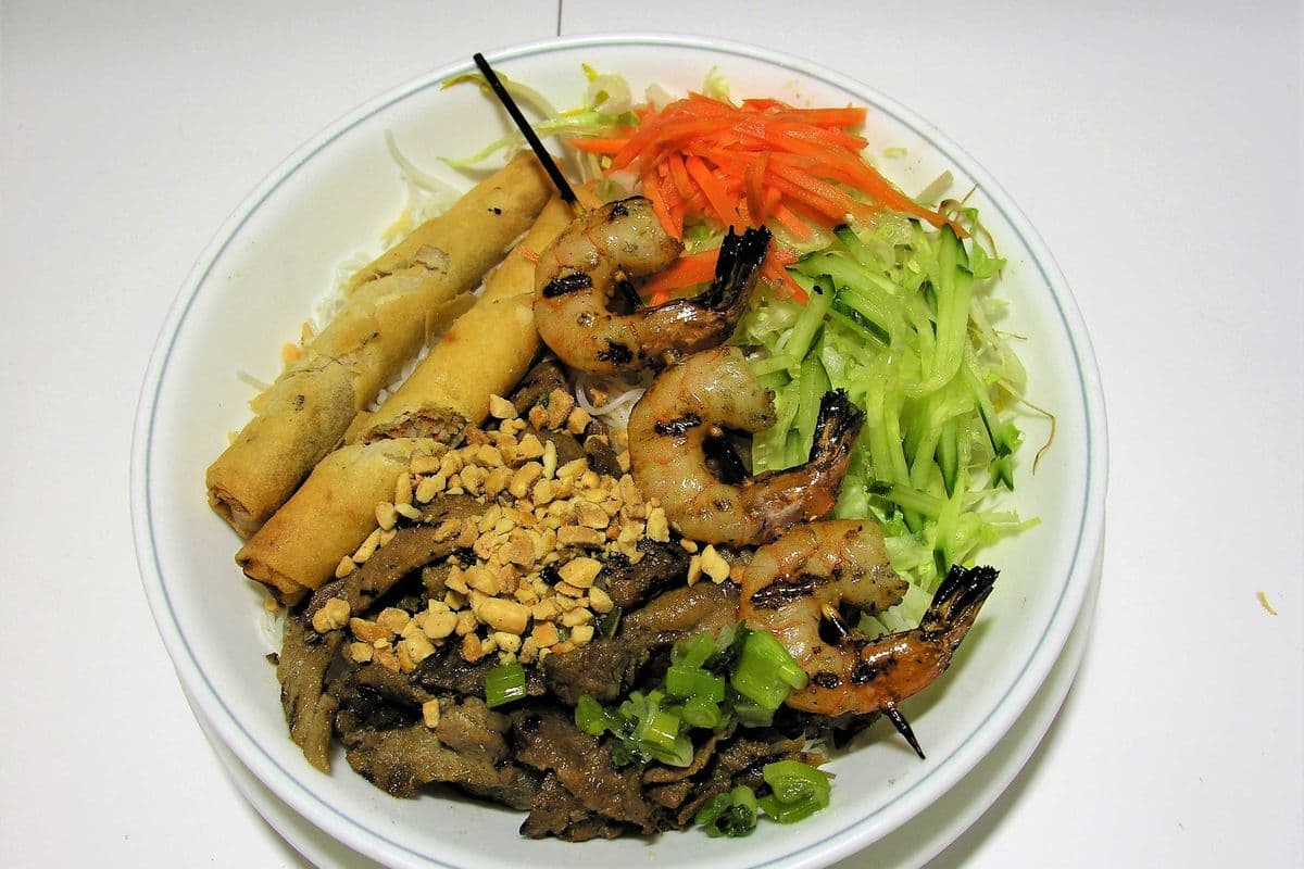 21. Vermicelli with Grilled Shrimp, Charbroiled Pork and Spring Rolls "Replace Rice or Vegetables Add $1.00"