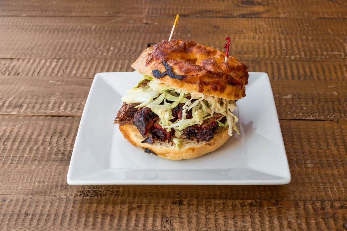 Brisket on a Caramelized Onion Cheddar Bagel