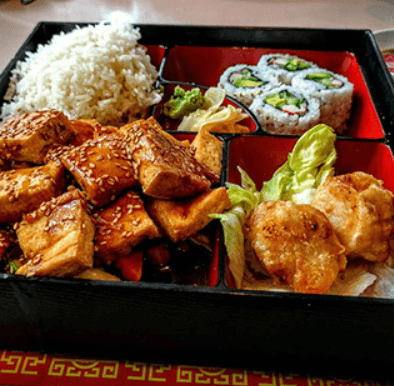 #0292. Tofu Teriyaki Bento Box with Three Spring Rolls