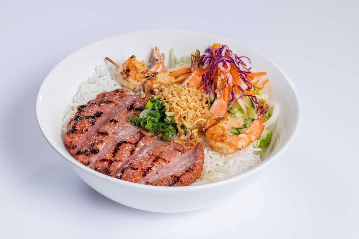 23. Charbroiled Prawn Brochette and Grilled Minced Pork / (Bun Tom Lui va Nem Nuong)
