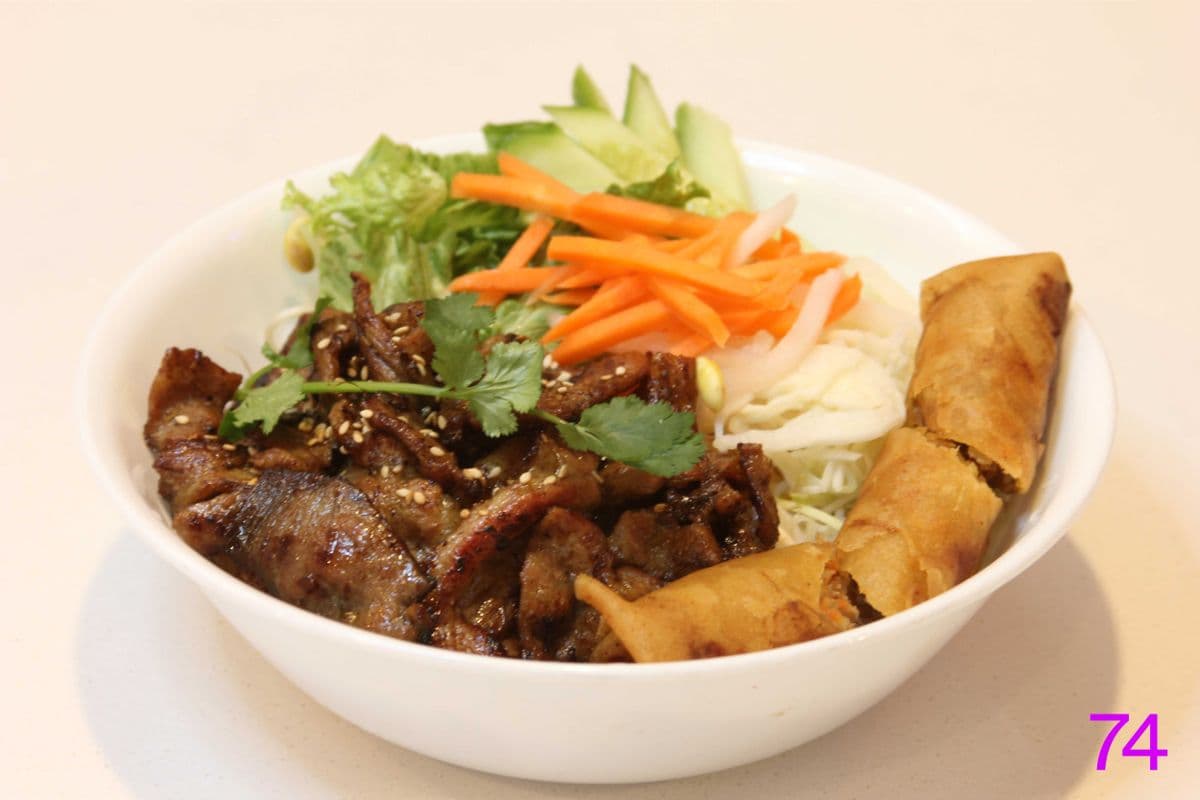 74. Grilled Lemongrass Pork Slices on Vermicelli with Fried Roll
