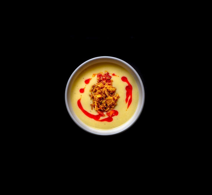 Roasted Garlic Potato Leek with Crispy Onions & Smoked Chili Oil