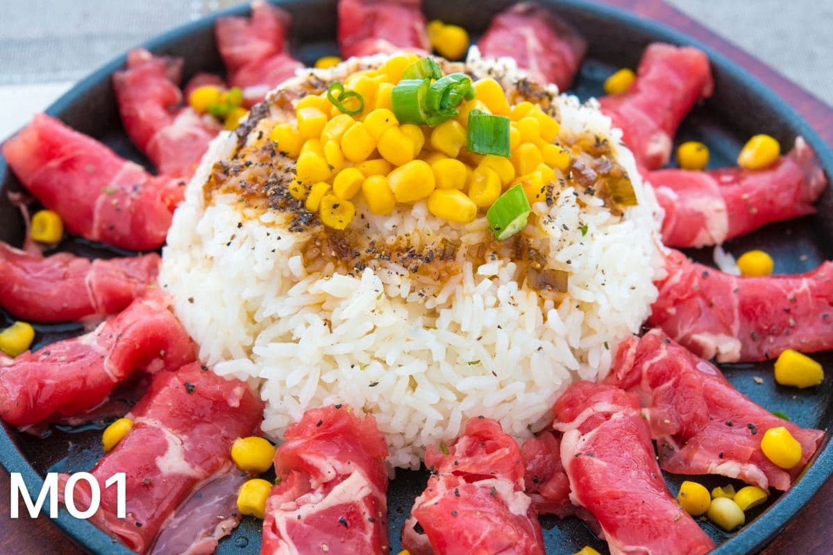 M01. Japanese-Style Pan-Fried Beef Rice on Sizzling Hot Plate with Teriyaki Sauce