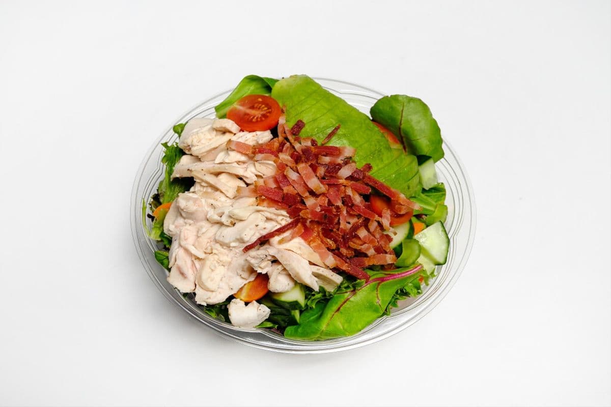 C.B.A Salad: Lettuce, Cucumbers, Celery, Carrots, Tomatoes, Roast chicken, Bacon, and Avocado