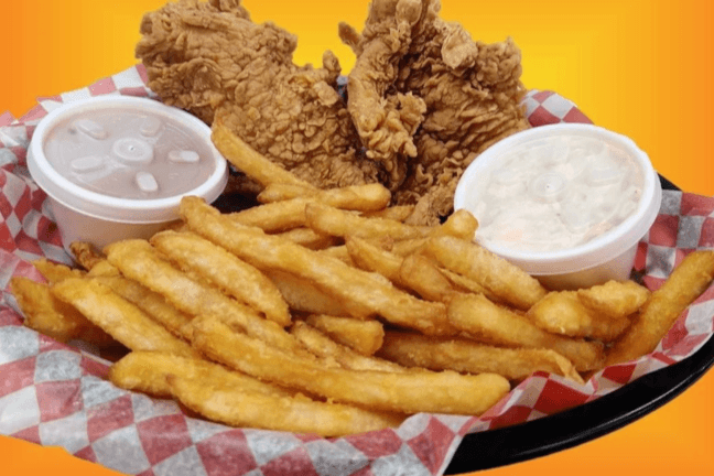 Two Pieces of Chicken Breast with Fries, Gravy and Salad