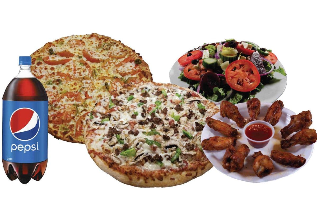 Two Medium Pizzas, 10 Wings, Large Salad, and Bottle of Pepsi (2L)