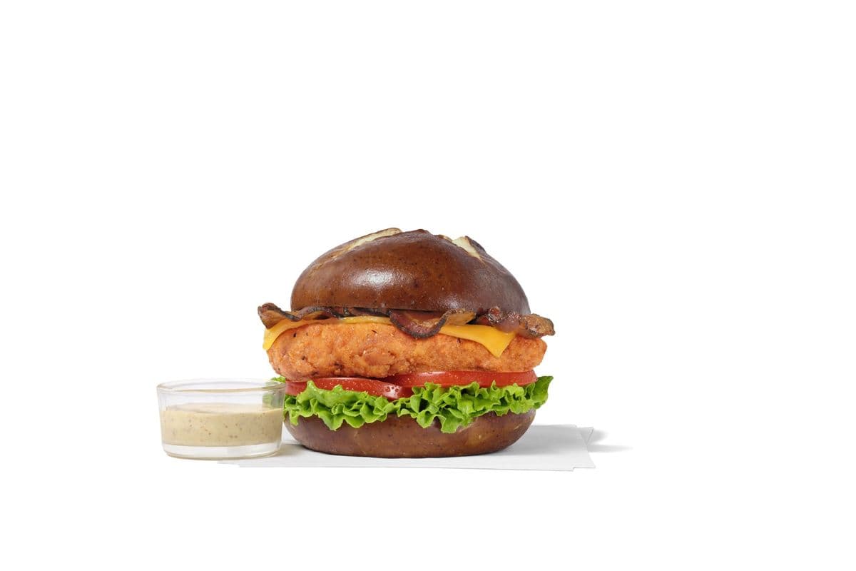 Pretzel Cheddar Club Sandwich with Spicy Filet