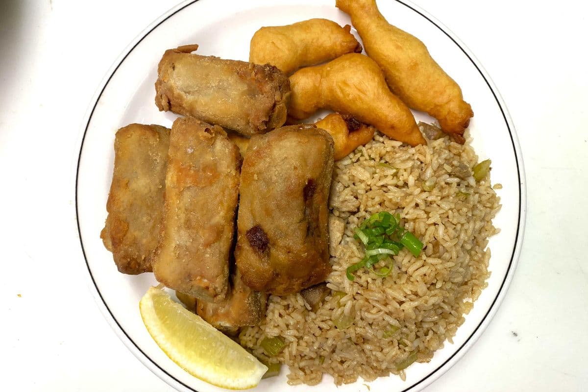 9. Chicken Fried Rice, Sweet-and-Sour Shrimp(4 pieces), and Bon Bon Spareribs (5 pieces) with 1 piece of lemon.