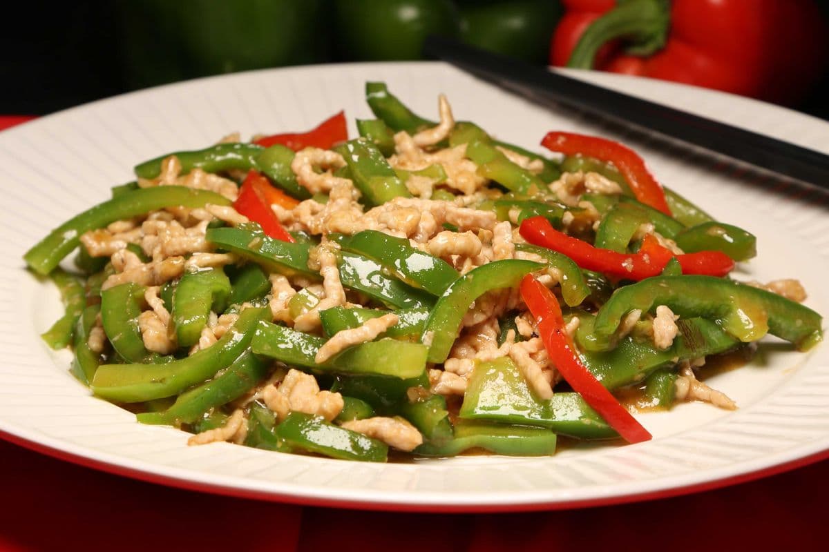 Green Peppers with Pork Over Rice Bowl