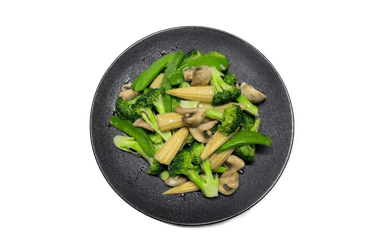 V2. Stir-Fried 4 Kinds of Veggies (Snow Pea+Baby Corn+Mushroom+Broccoli) 炒四蔬