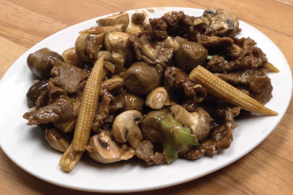 41. Beef with Two Kinds of Mushrooms and Baby Corn
