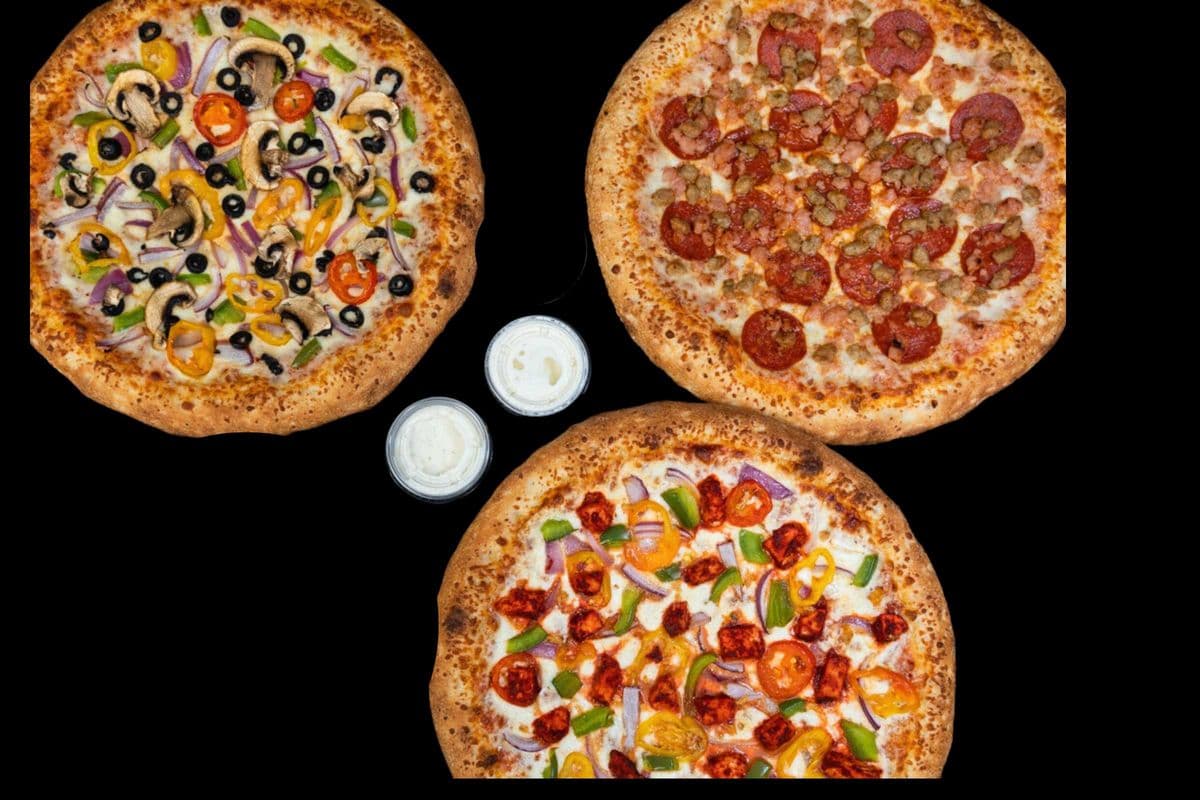 Three Extra-Large Pizzas, 3 Toppings each & 2 Dips