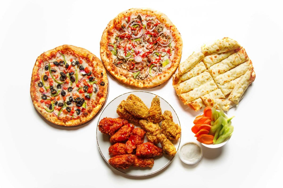 2 X-Large Pizzas and Chicken Wings (2 lbs) with Garlic Bread or Planet Sticks with Cheese