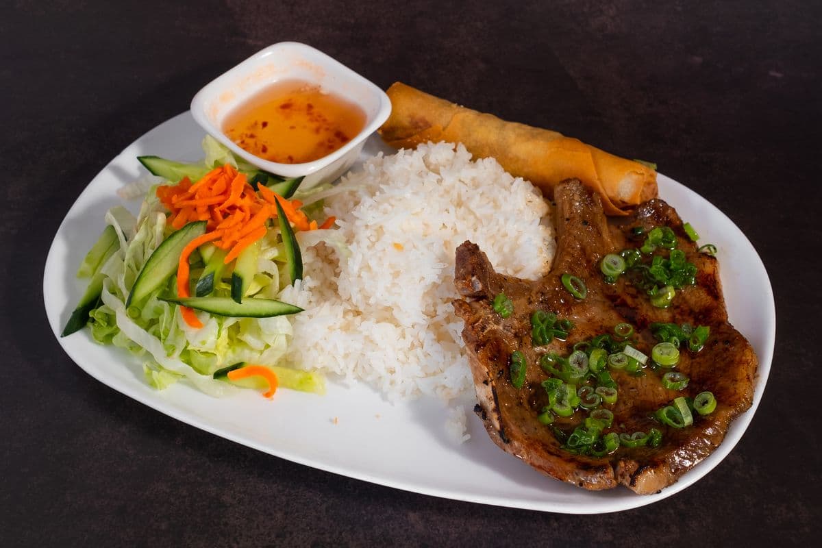 C7. Grilled Pork Chop and Fried Roll with Rice - Com Suon Nuong, Cha Gio