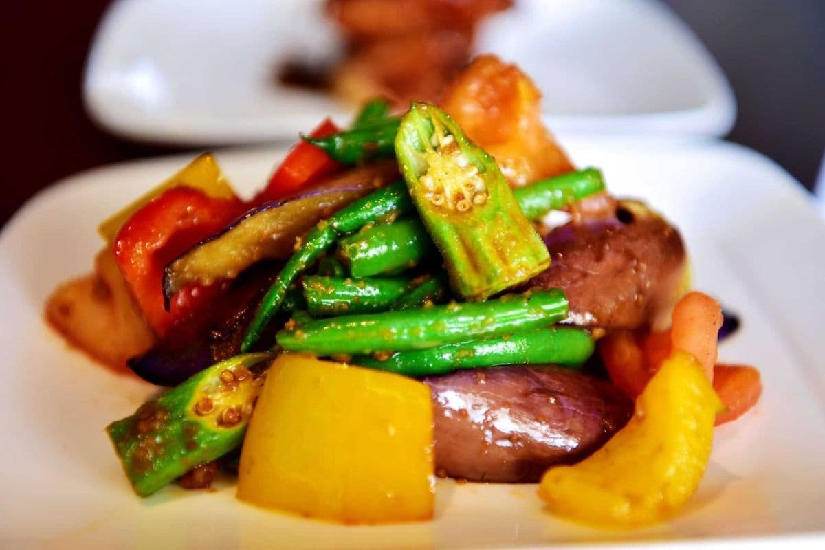 Sambal Tiger Prawns with Okra, Green Beans & Eggplant