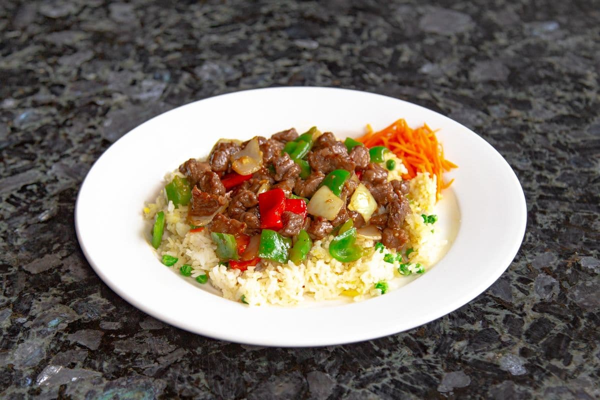 57. Medium-Rare Beef Cubes on Fried Rice