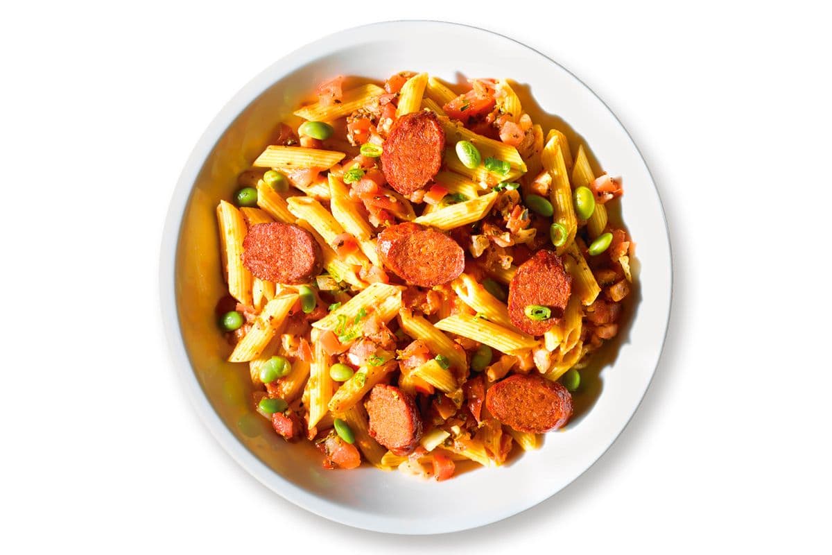 Saucisses italiennes, bruschetta et fèves edamame / Italian Sausages, Bruschetta and Edamame Beans