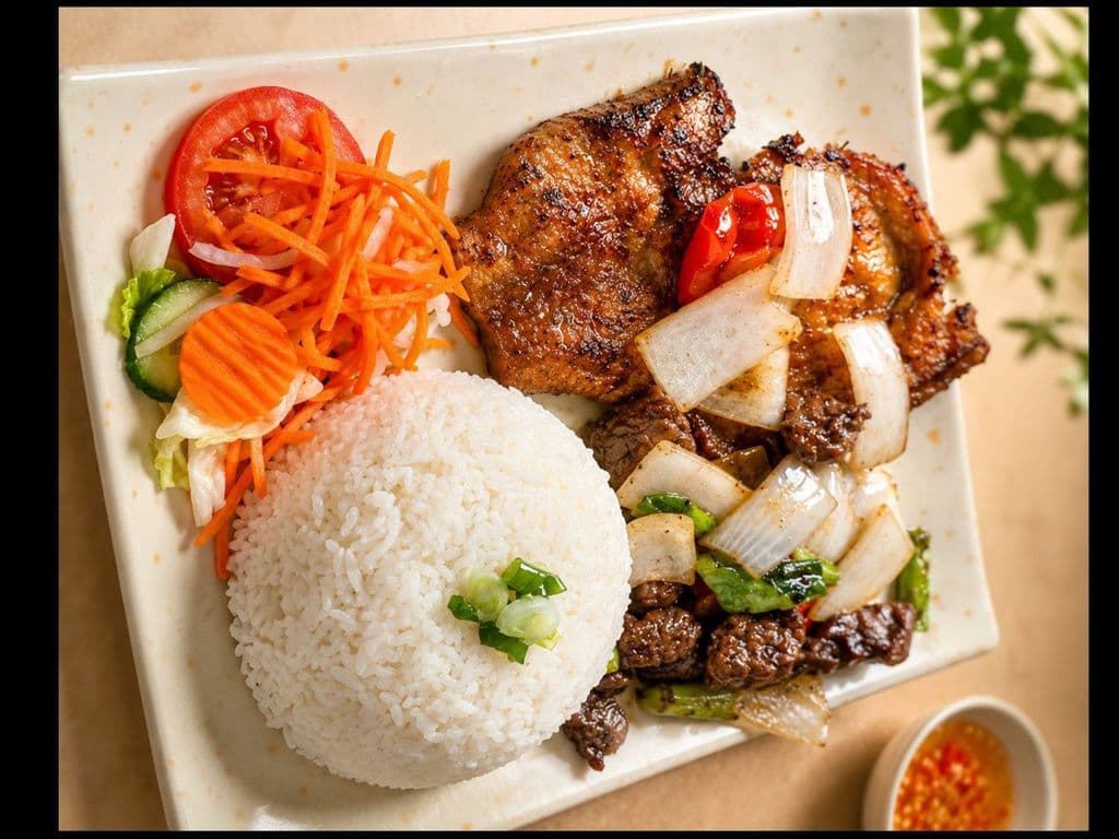522. Grilled Pork Chop & Sauteed Beef Cubes on Rice