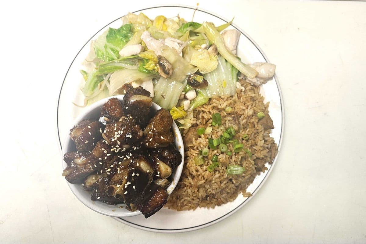 17. Chicken Fried Rice, Chicken Chop Suey, and Honey Garlic Spareribs with sesame seed on top.