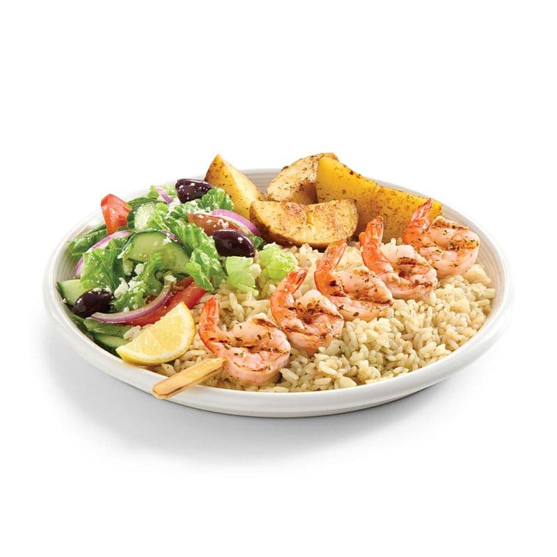 Assiette de souvlaki aux crevettes / Shrimp souvlaki plate