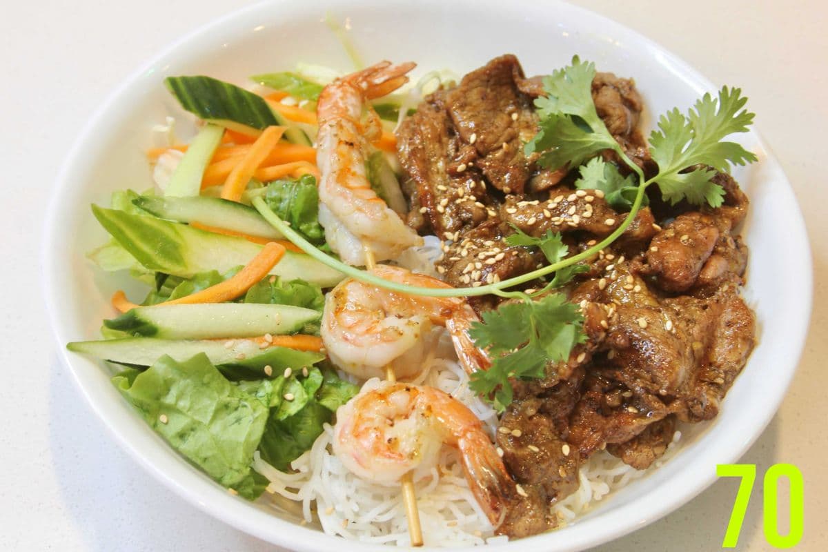 70. Prawns and Grilled Lemongrass Pork Slices on Vermicelli