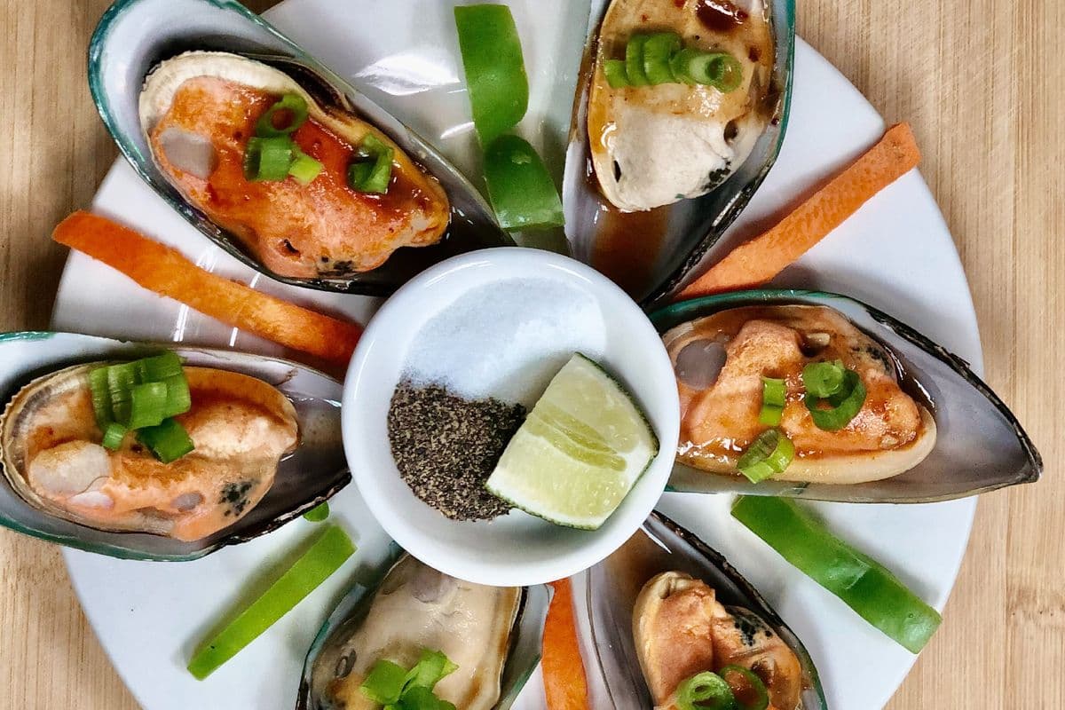 A14. Grilled Mussels with Green Onions on a Sweet-and-Sour Sauce