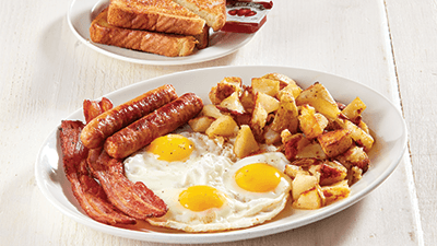 Three Eggs with Bacon (2), Sausage (2)