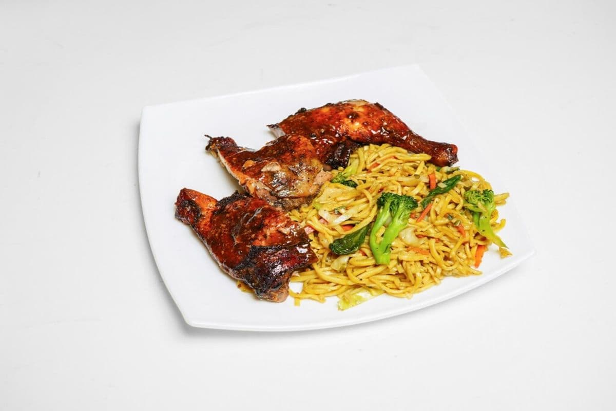 Jerk and BBQ Chicken Chow Mein