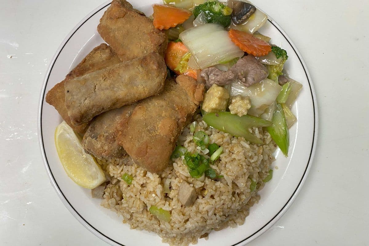6. Chicken Fried Rice, Bon Bon Spareribs (5 pieces) with 1 piece of lemon, and Beef Mixed Greens