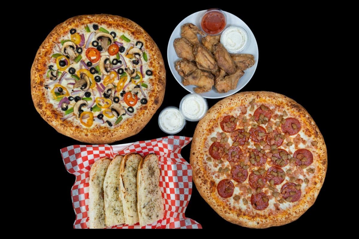 Two Small Pizzas , Ten Wings, One Garlic Bread & 2 Dips