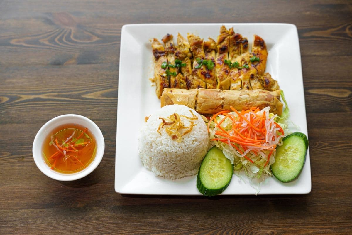 61. Grilled Lemongrass Chicken and Spring Roll on Rice (Cơm Gà, Chả Giò)