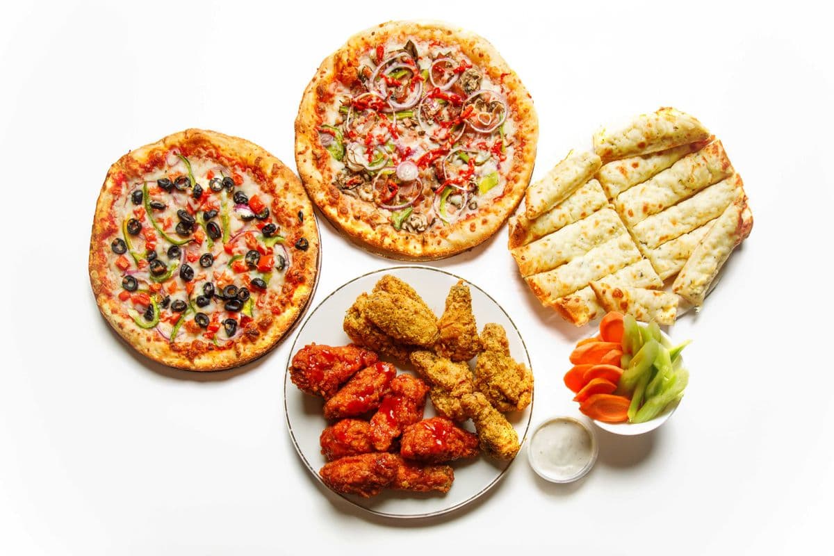 2 Medium Pizzas and Chicken Wings (2 lbs) with Garlic Bread or Planet Sticks with Cheese