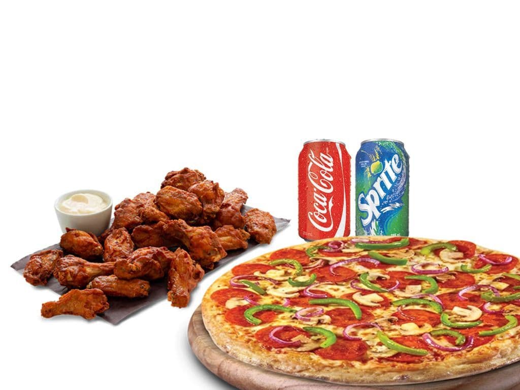 1 Large 3 Topping 20 Wings 2 Dip & 2 Pop