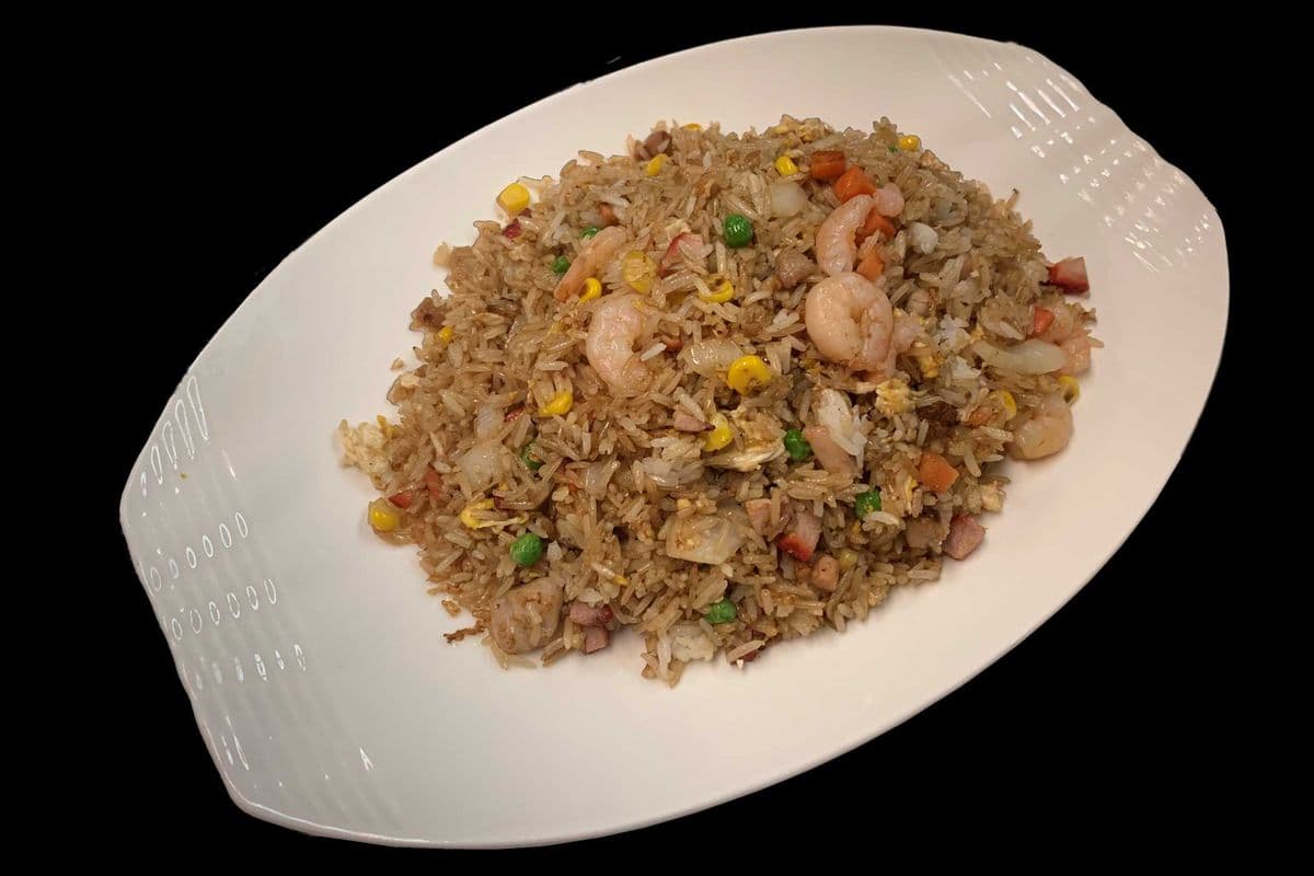 59. Fried Rice with Chicken, Shrimp, BBQ Pork, and Mixed Vegetables