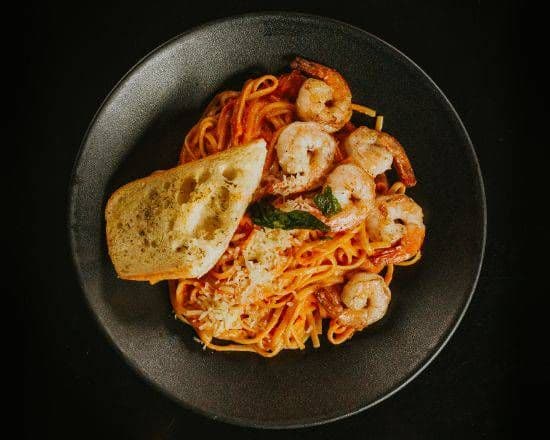Rose Linguine with pan fried tiger shrimps