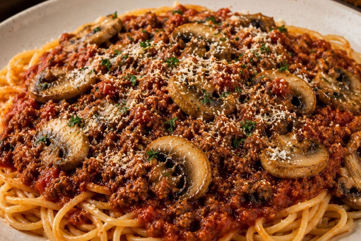 Spaghetti with Mushrooms and meat-sauce