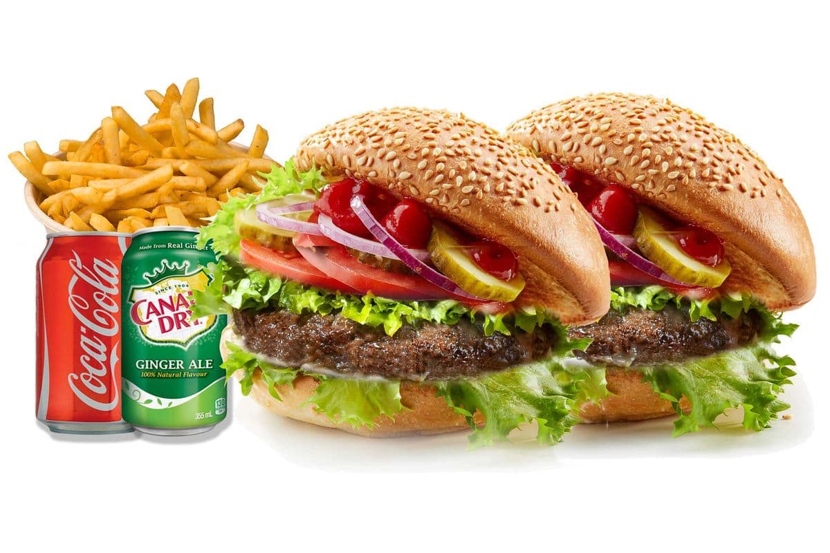 DINNER FOR TWO (two 7.2 oz Burgers ) + 1 large fries + 2 Drinks