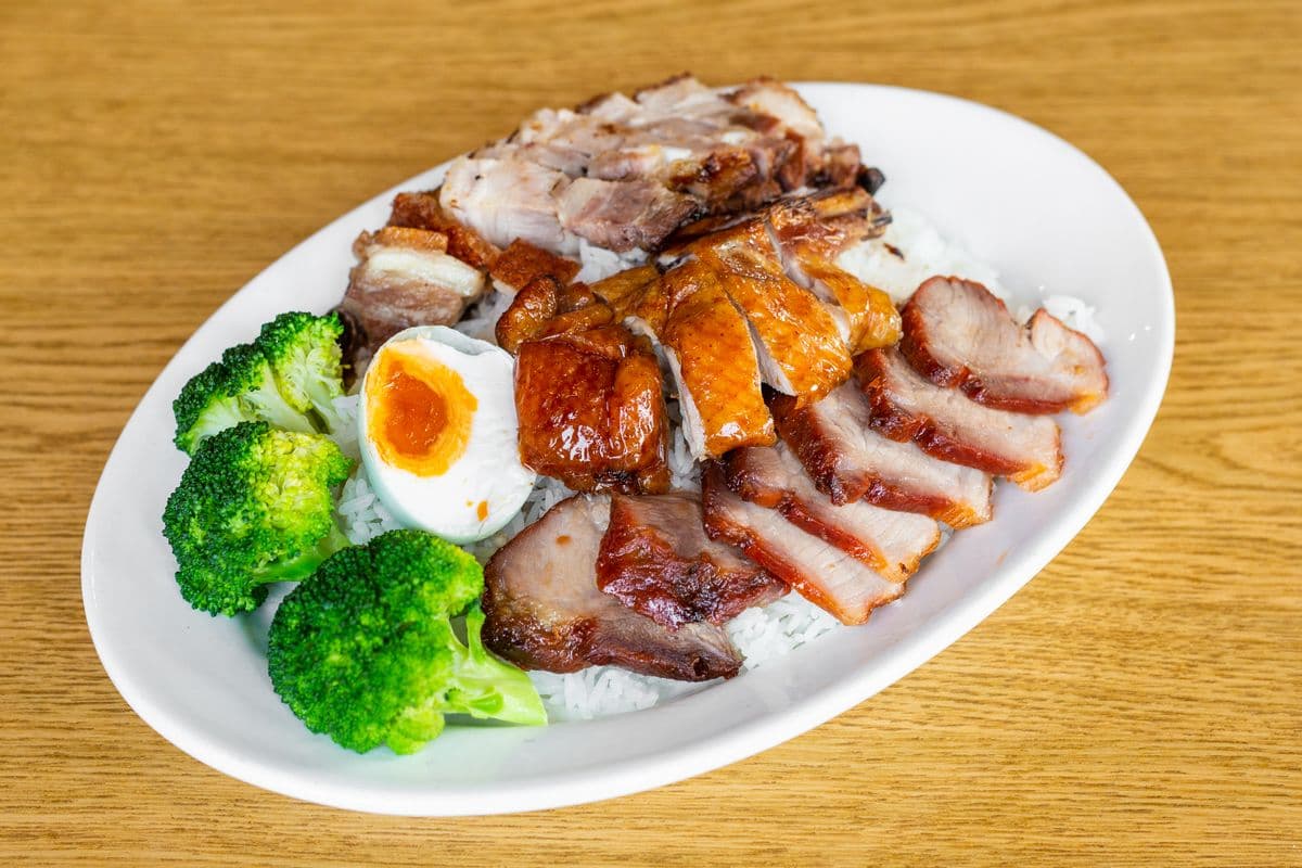 Three Kinds of BBQ Meat and Salted Egg on Rice