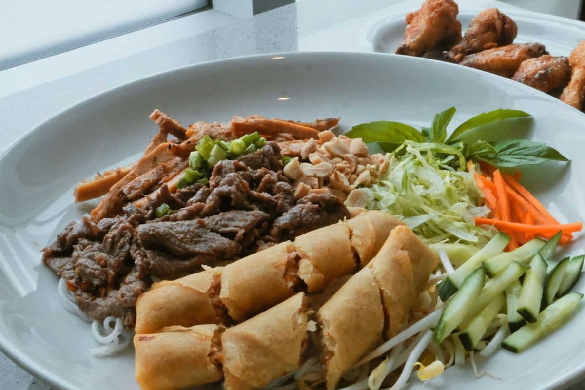 39E. Satay Beef, Satay Chicken, and Spring Rolls on Rice Vermicelli