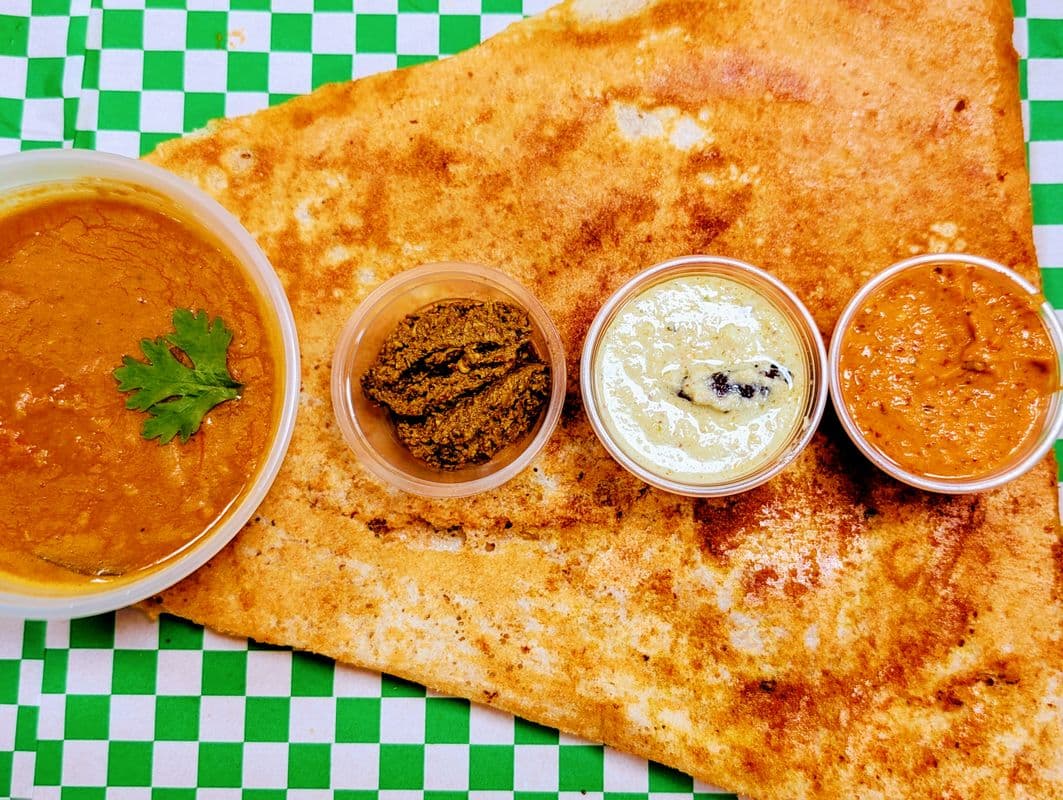 Plain Dosa with Chutneys and Sambar