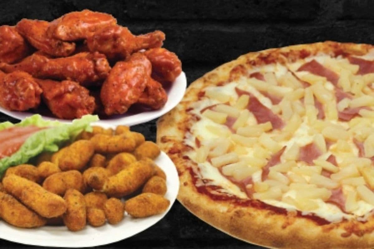 One Small Three-Topping Pizzas, 1Lb Wings, 1/2 Lb Pop Curds + 2 x 591ml Beverages